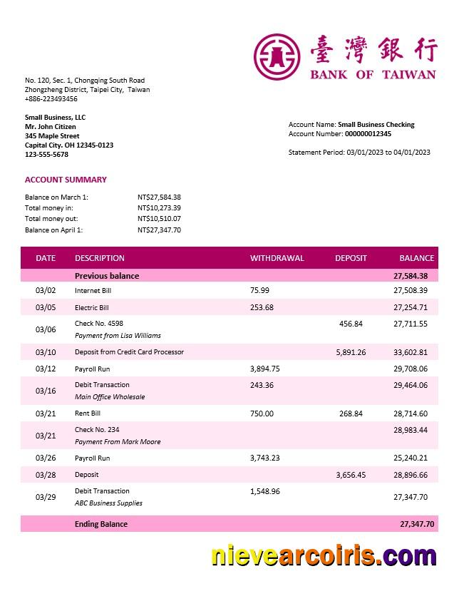 Bank of Taiwan company checking account statement